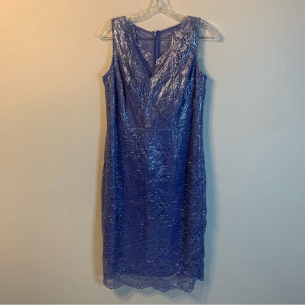 Adrianna Papell Blue Lace V-neck Sleeveless Cocktail Dress With Silver Beading